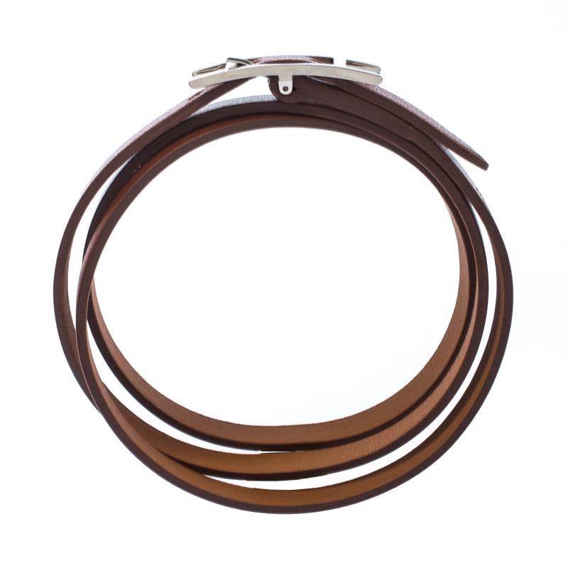 Hermès Hapi Brown Leather Palladium Plated Wrap Bracelet In Excellent Condition In Dubai, Al Qouz 2