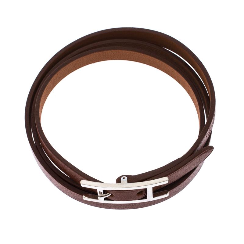 Men's Hermès Hapi Brown Leather Palladium Plated Wrap Bracelet