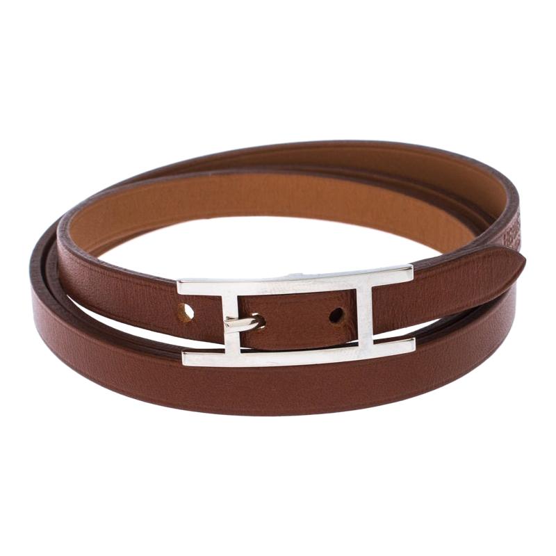 Hermès Hapi Brown Leather Palladium Plated Wrap Bracelet
