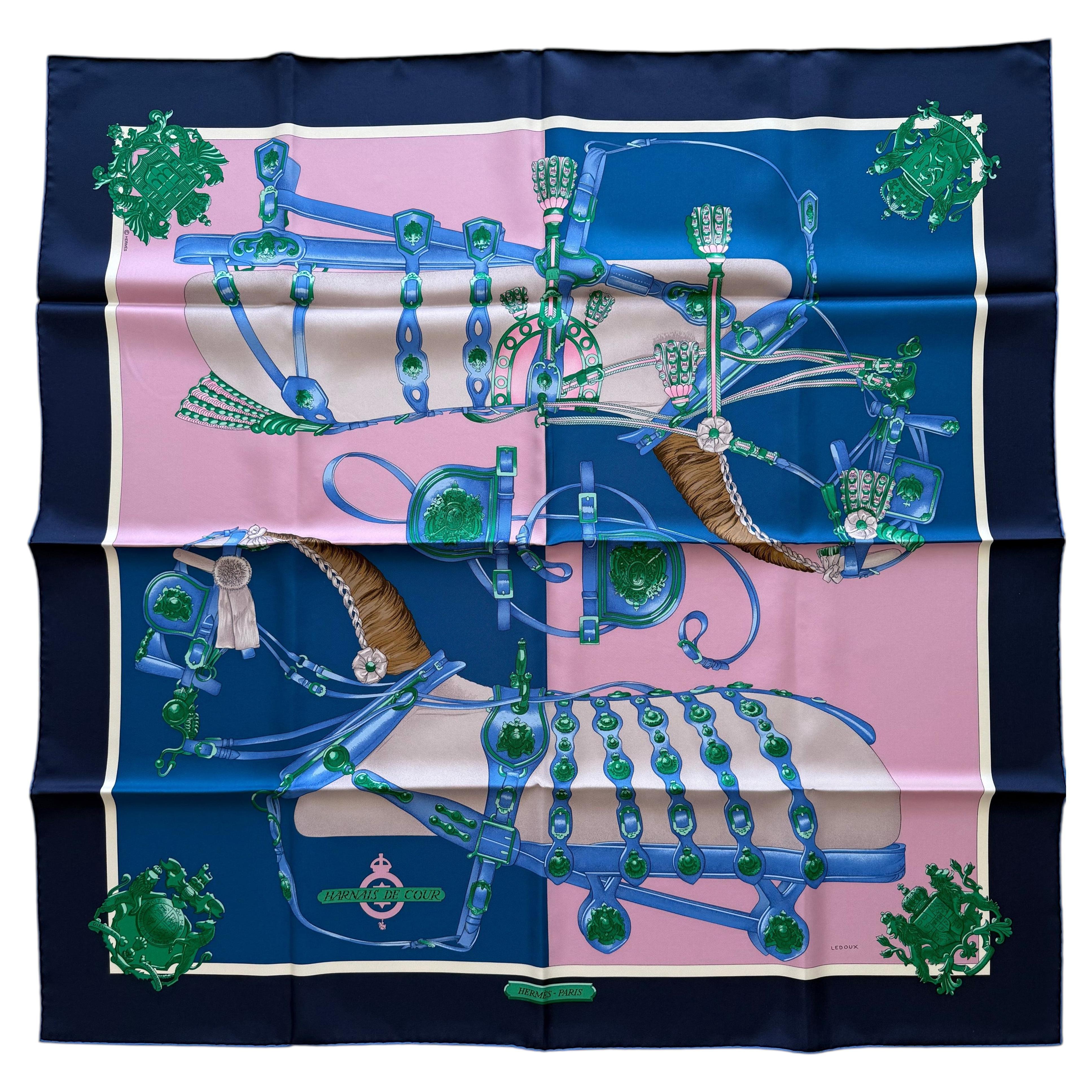 Hermes Harnais De Cour Marin/Rose/Vert 90 CM NEW im Angebot