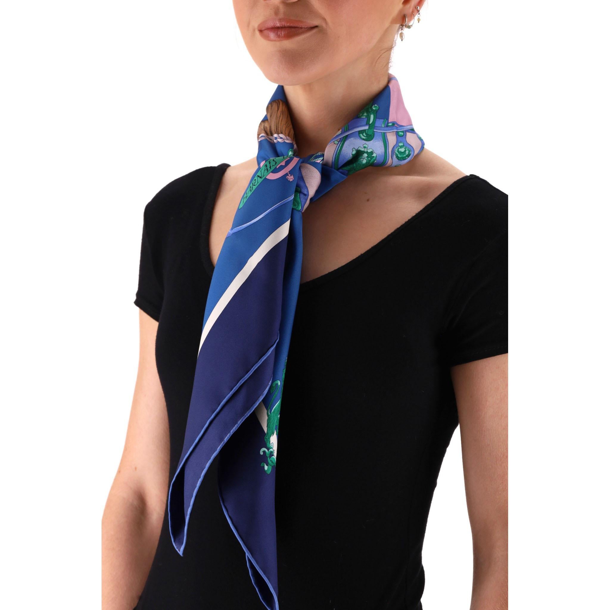 Hermes Harnais De Cour Silk Scarf

Features a vibrant, equestrian-themed design by Philippe Ledoux.

The details of the horse's harness are rendered in shades of green and blue against a light pink background.

Crafted from 100% twill silk with