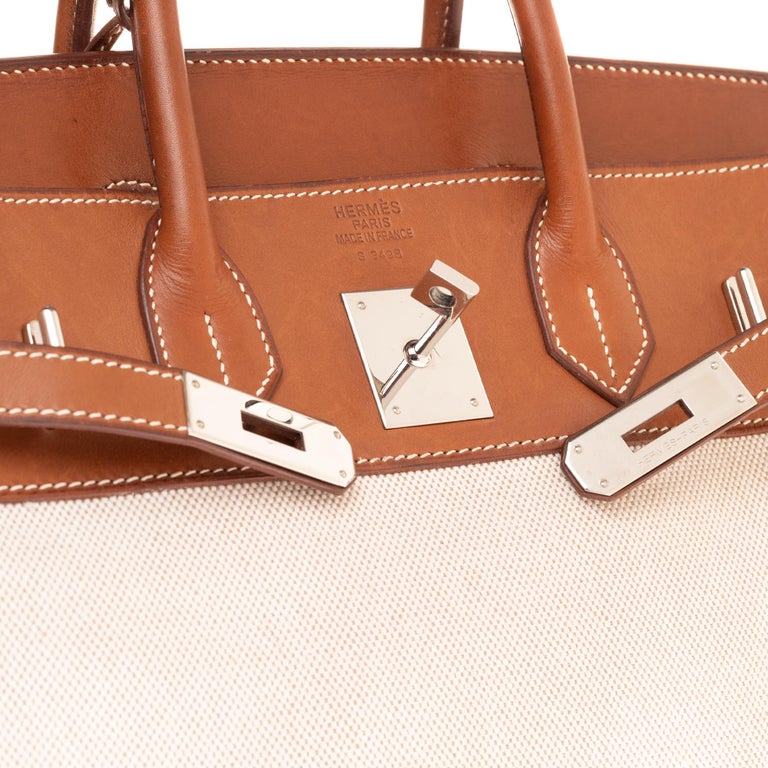 Hermès Haut à Courroies 32 handbag in beige canvas and brown barenia ...