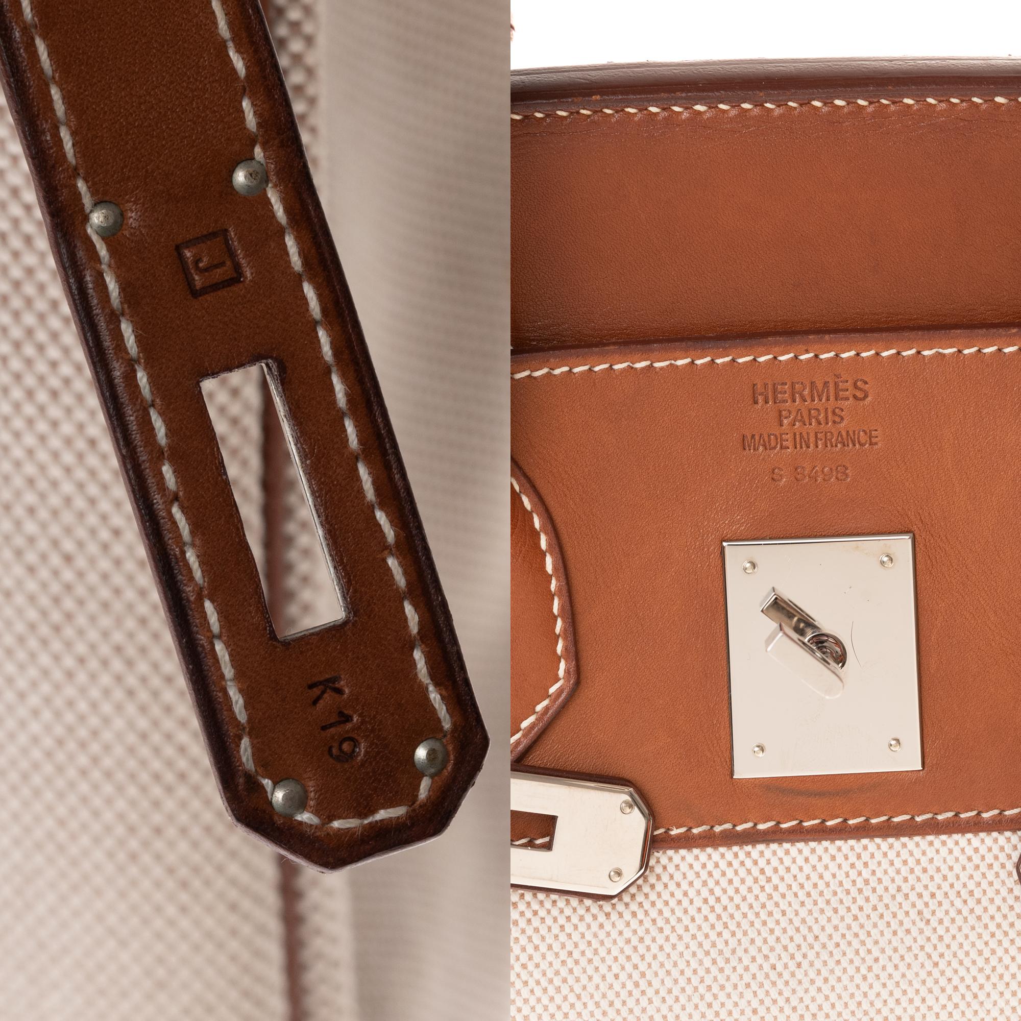 White Hermès Haut à Courroies 32 handbag in beige canvas & brown barenia leather, PHW