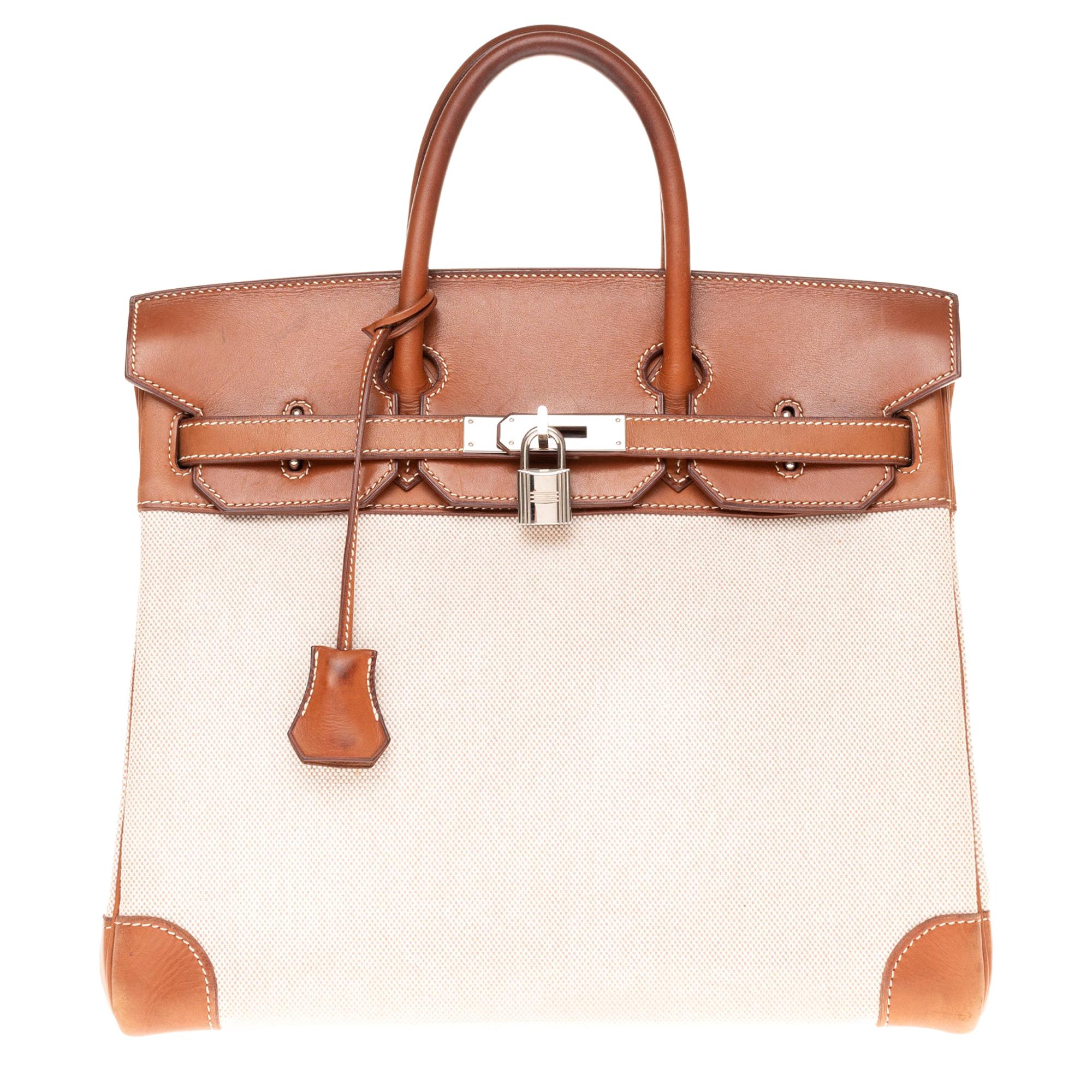Hermès Haut à Courroies 32 handbag in beige canvas & brown barenia leather, PHW