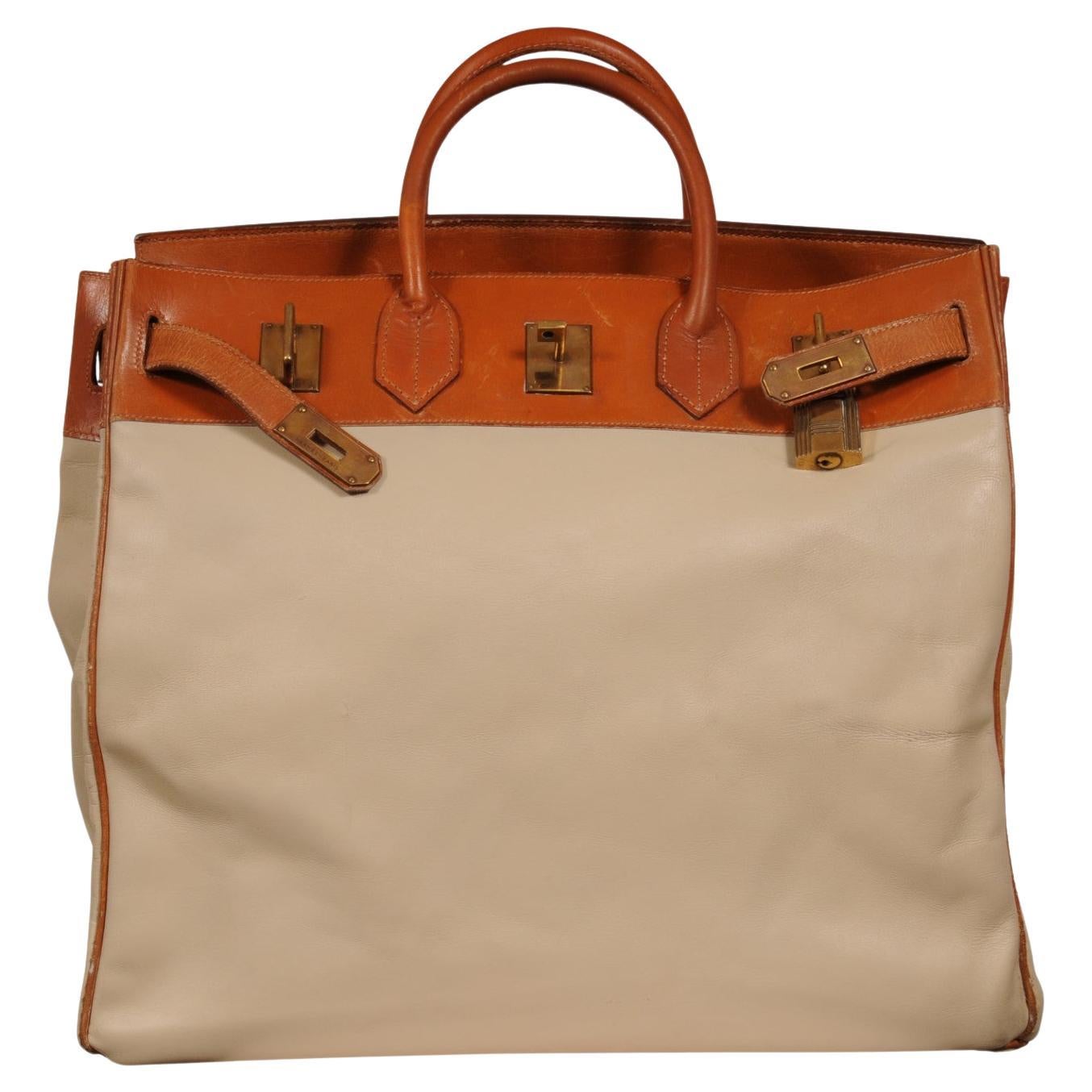 Hermes Haut à Courroies Hac 40 Travel Duffle Bag Tan White Gold Vintage 1960s