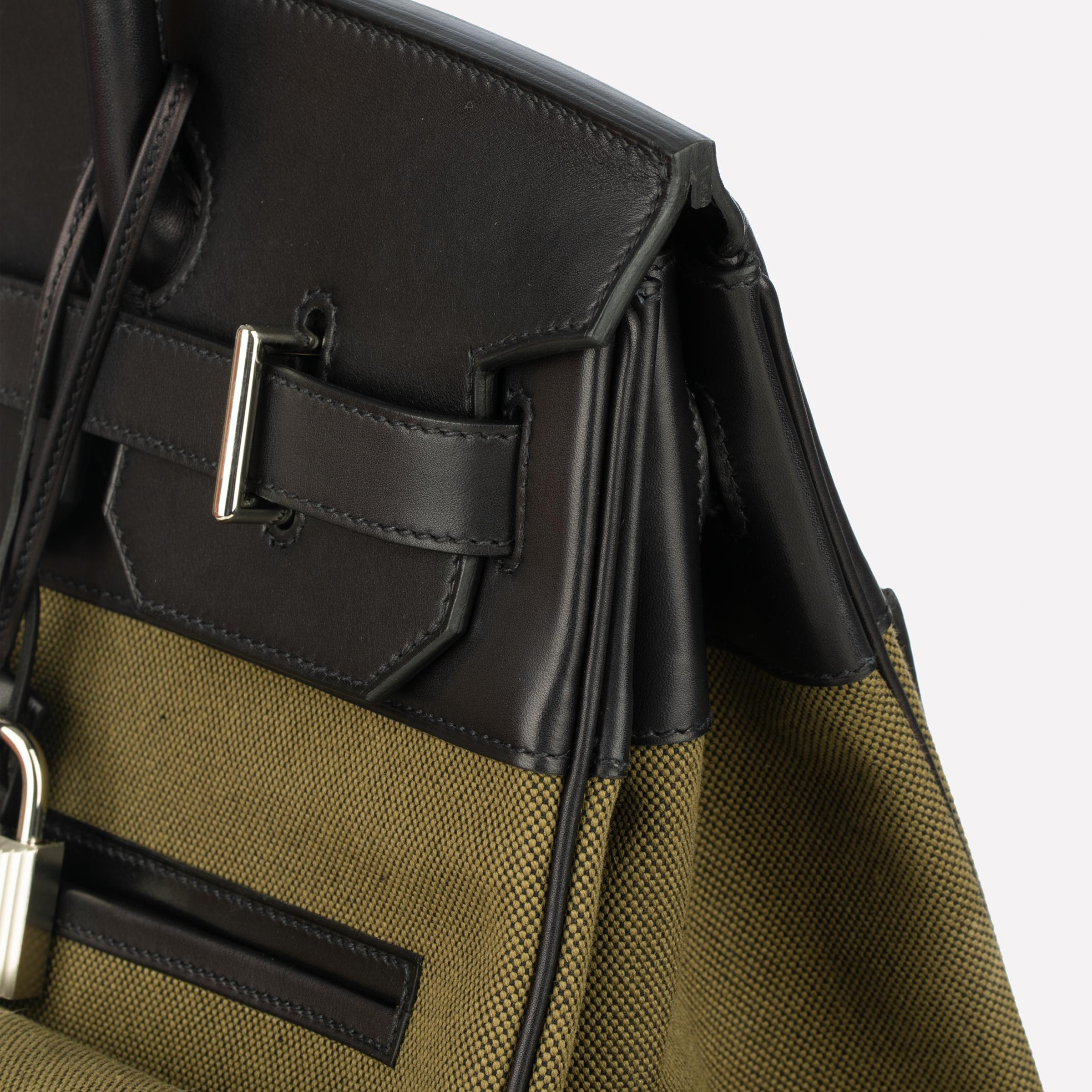Hermès Haut A Courroies HAC 40cm Cargo Toile Black & Vert Militaire Evercalf For Sale 8