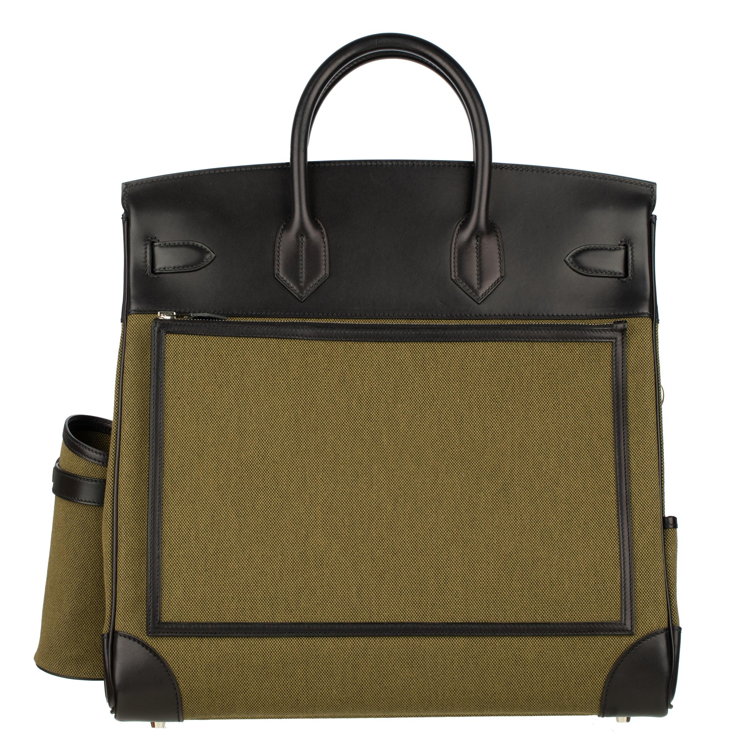 Hermès Haut A Courroies HAC 40cm Cargo Toile Black & Vert Militaire Evercalf For Sale 13
