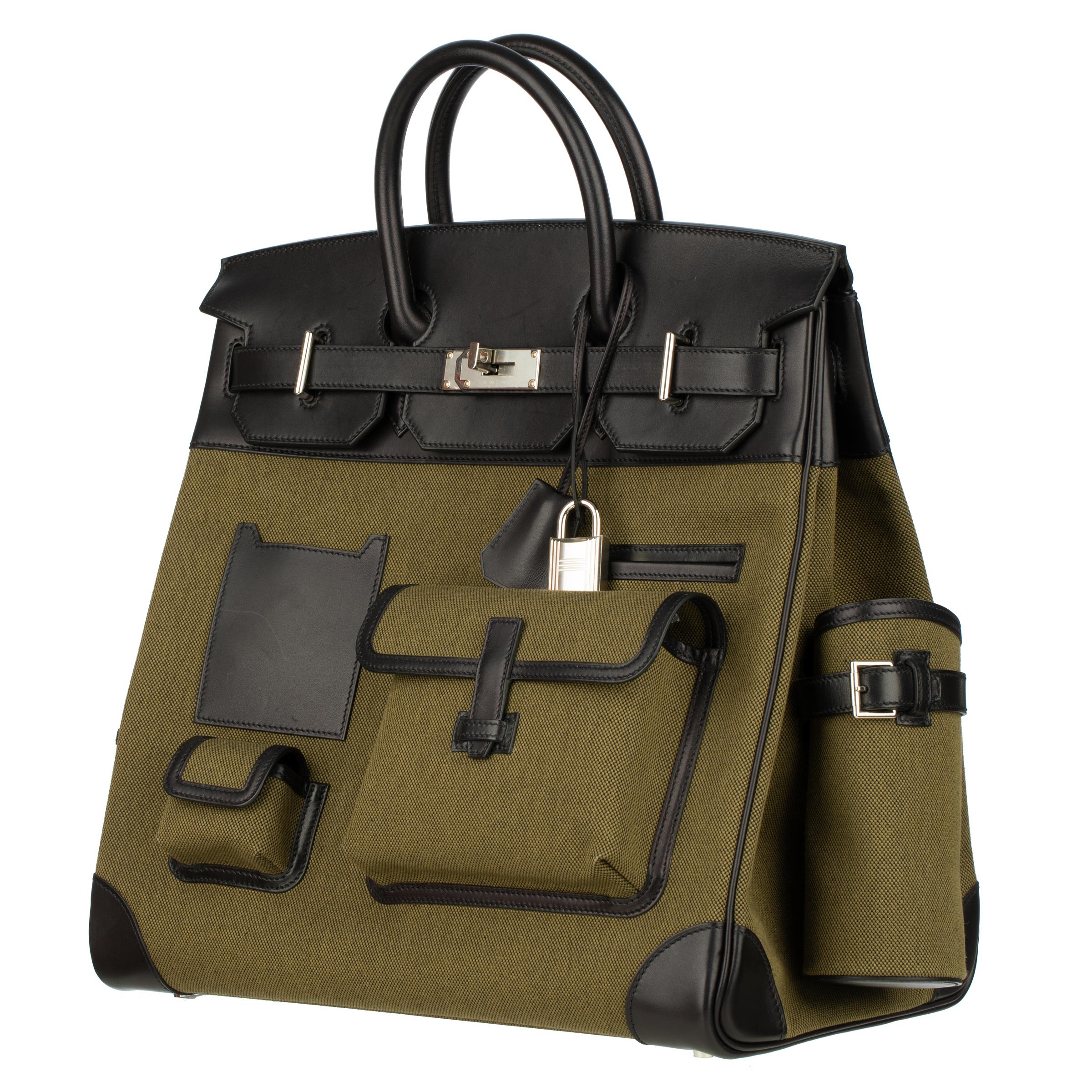Hermès Haut A Courroies HAC 40cm Cargo Toile Black & Vert Militaire Evercalf For Sale 14