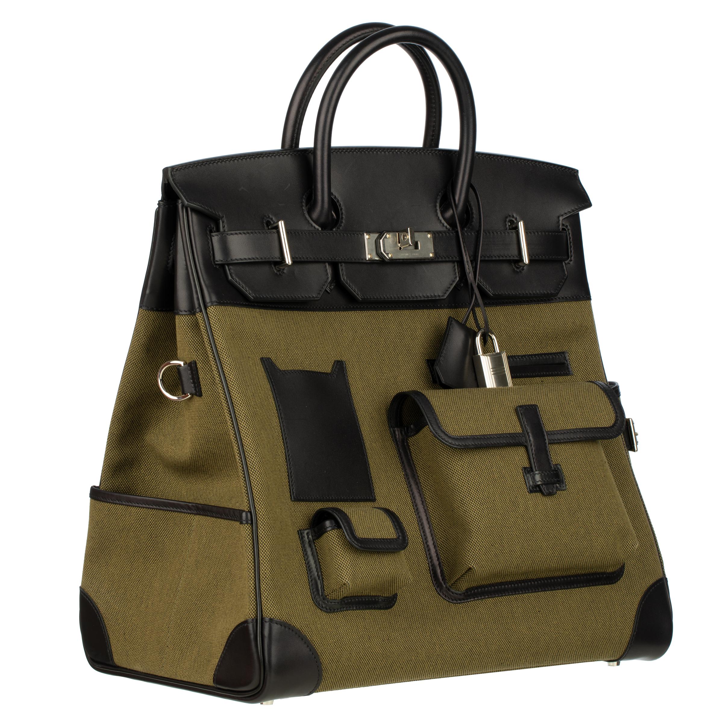 Hermès Haut A Courroies HAC 40cm Cargo Toile Black & Vert Militaire Evercalf For Sale 15
