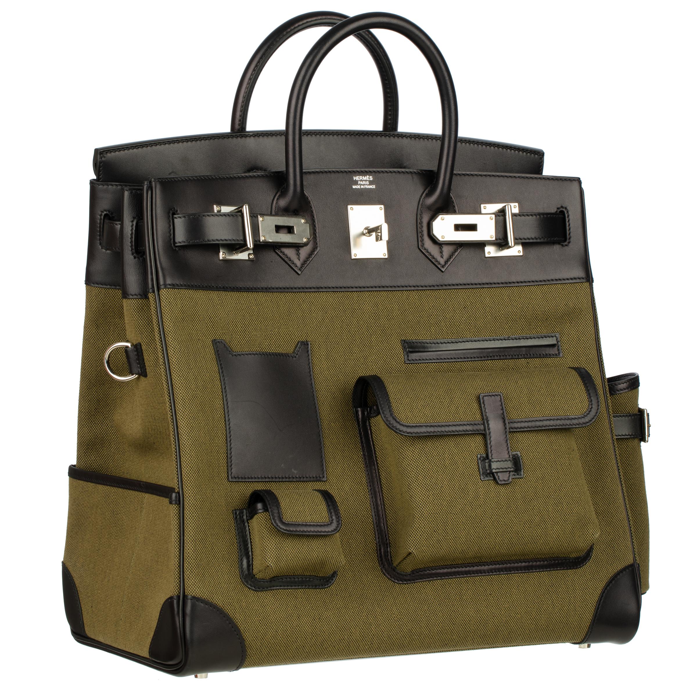 Hermès Haut A Courroies HAC 40cm Cargo Toile Black & Vert Militaire Evercalf In Excellent Condition For Sale In Sydney, New South Wales