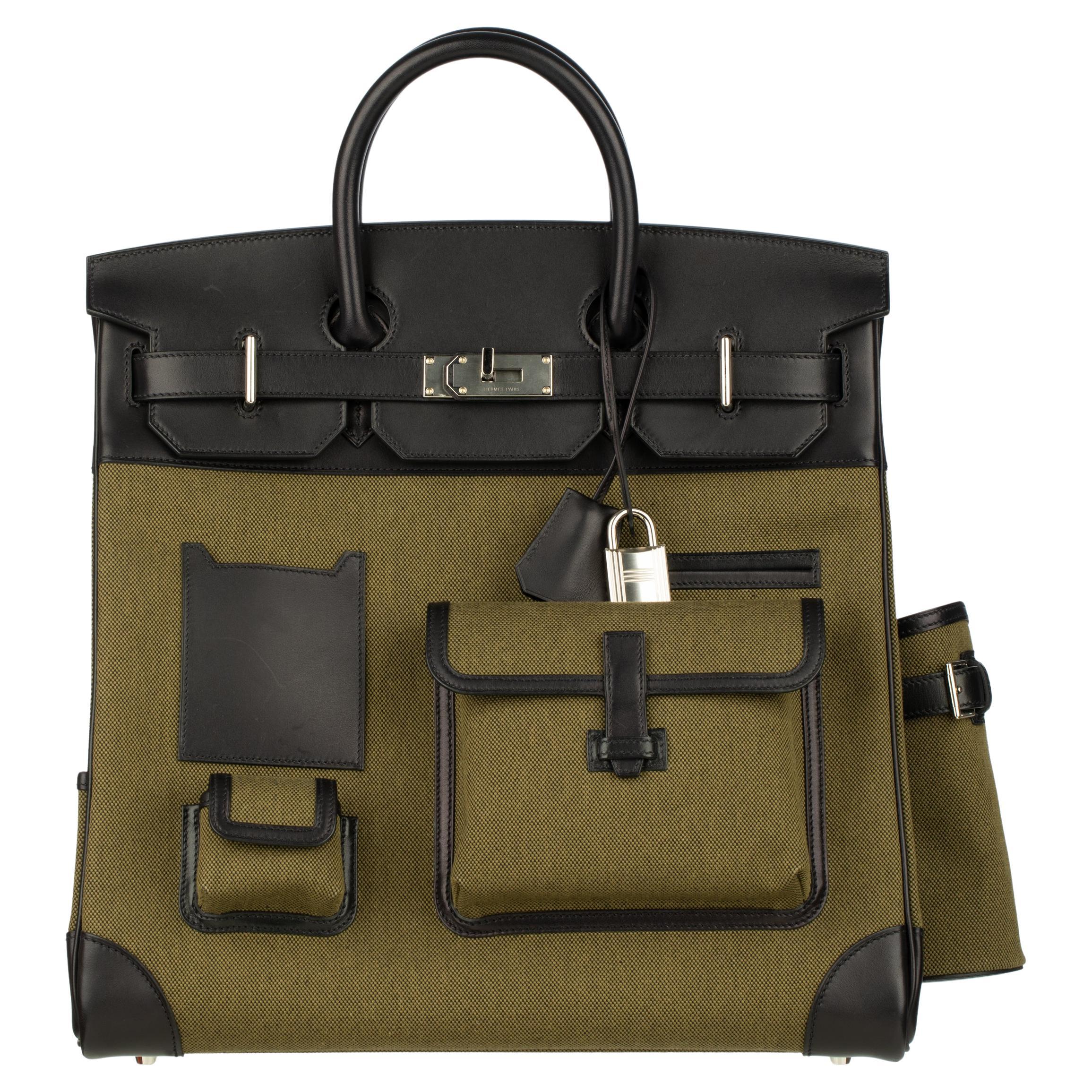 Hermès Haut A Courroies HAC 40cm Cargo Toile Black & Vert Militaire Evercalf For Sale