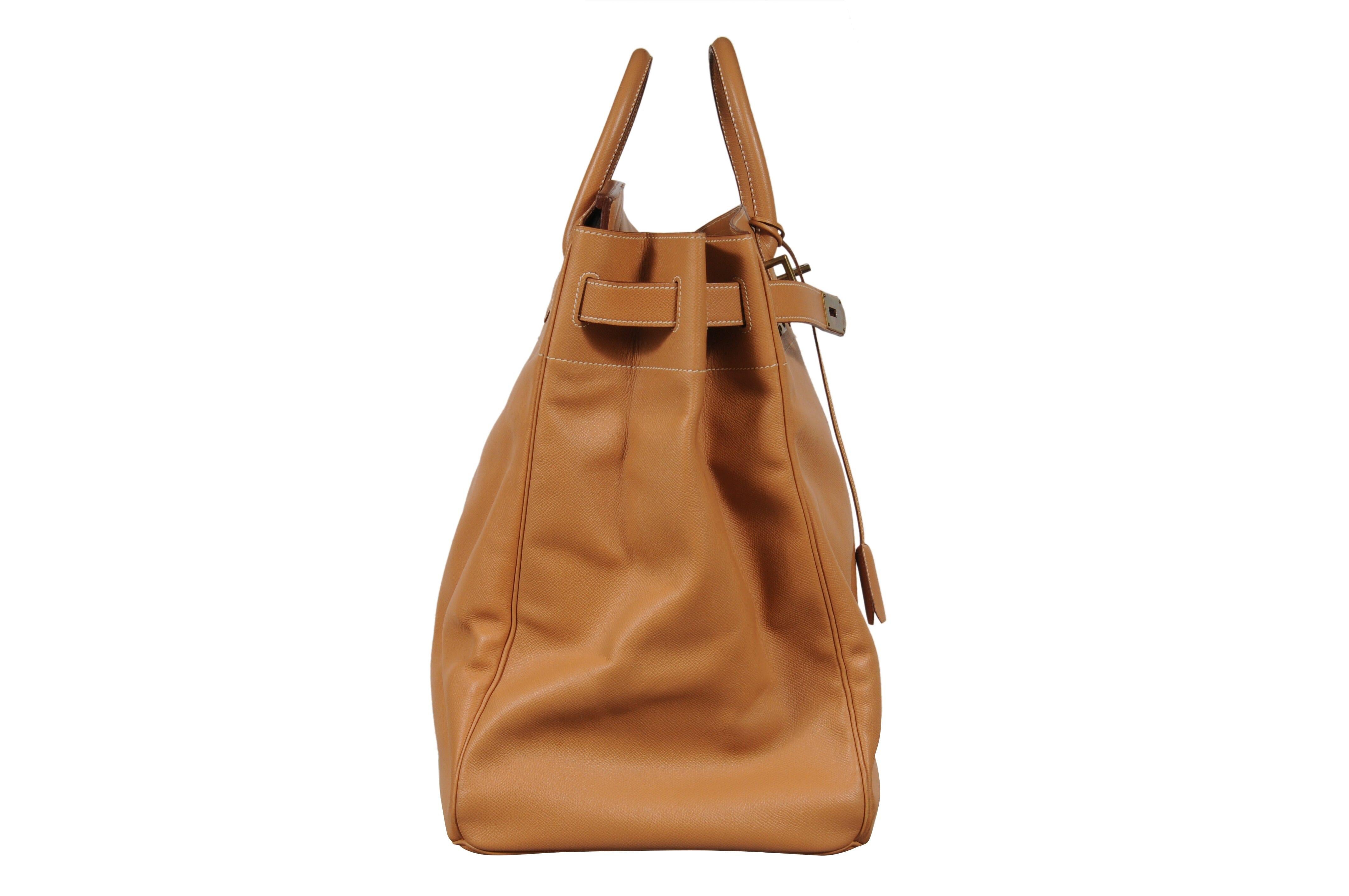 Women's or Men's Hermes Haut à Courroies HAC 50 Birkin Courchevel Gold Hardware Tan Duffle For Sale