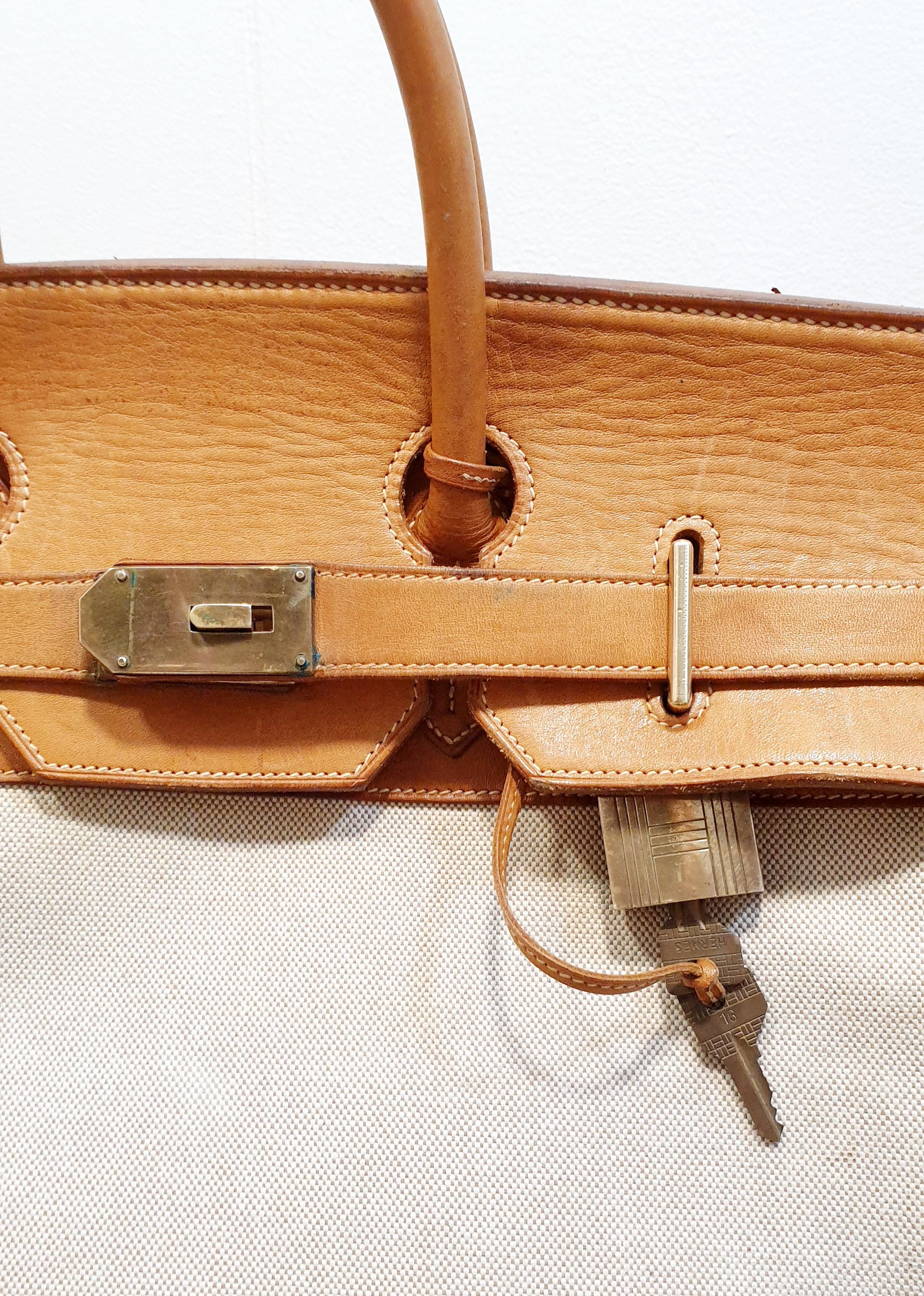 Beige  Hermes Haut à Courroies - Travel Bag in beige canvas and brown leather 1950´s 