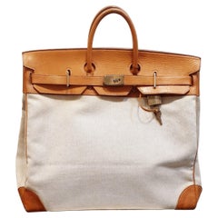  Hermes Haut à Courroies - Reisetasche aus beigem Canvas und braunem Leder 1950er Jahre 