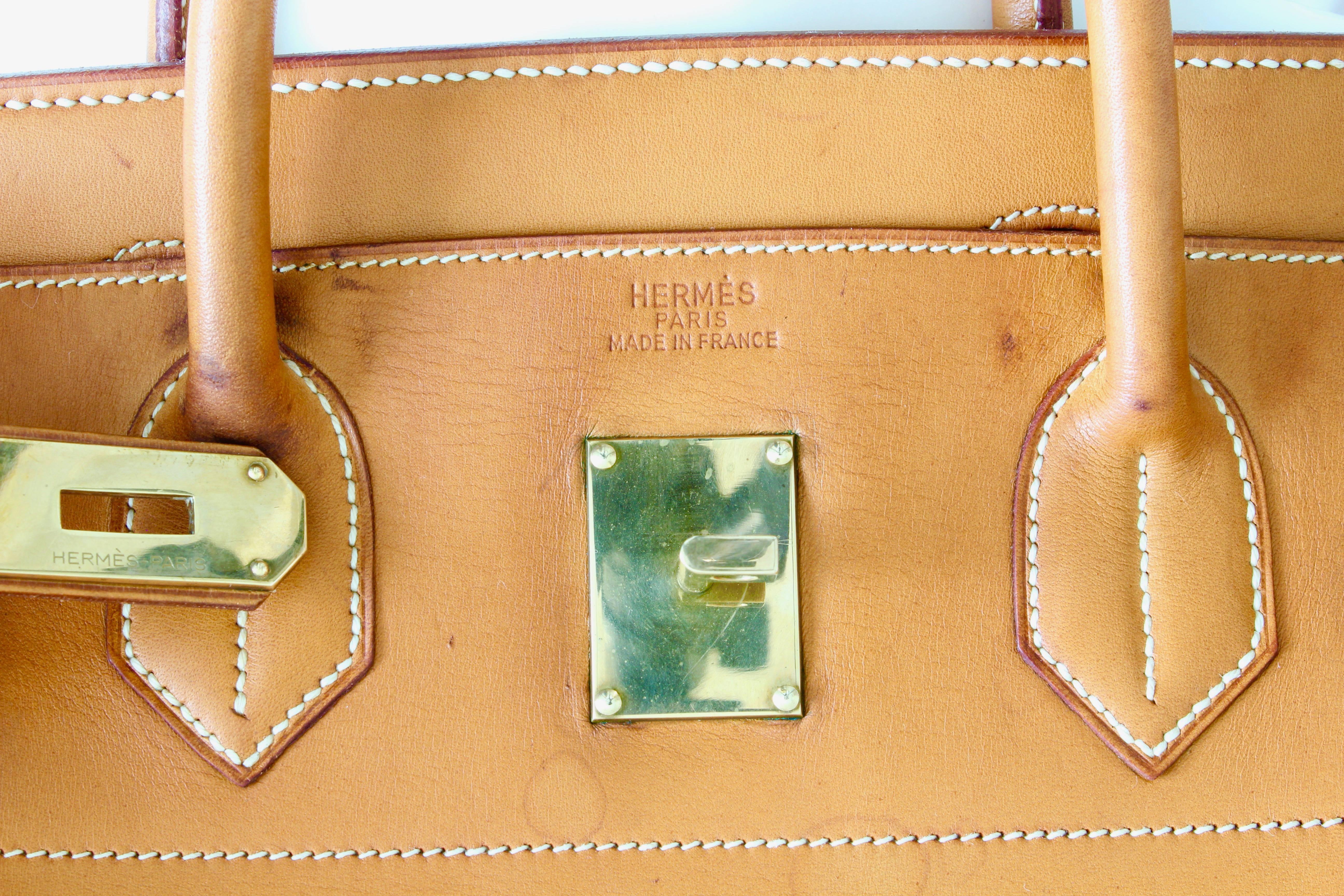 Hermes Haut A Courroies Travel Birkin Bag HAC 45cm Vache Natural Leather Vintage In Good Condition In Port Saint Lucie, FL
