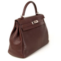 HERMES Havane brown Swift leather KELLY 32 RETOURNE Bag Palladium