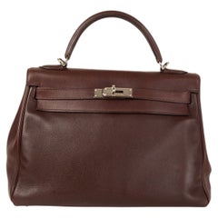 HERMES Havane brown Swift leather KELLY 32 RETOURNE Bag Palladium