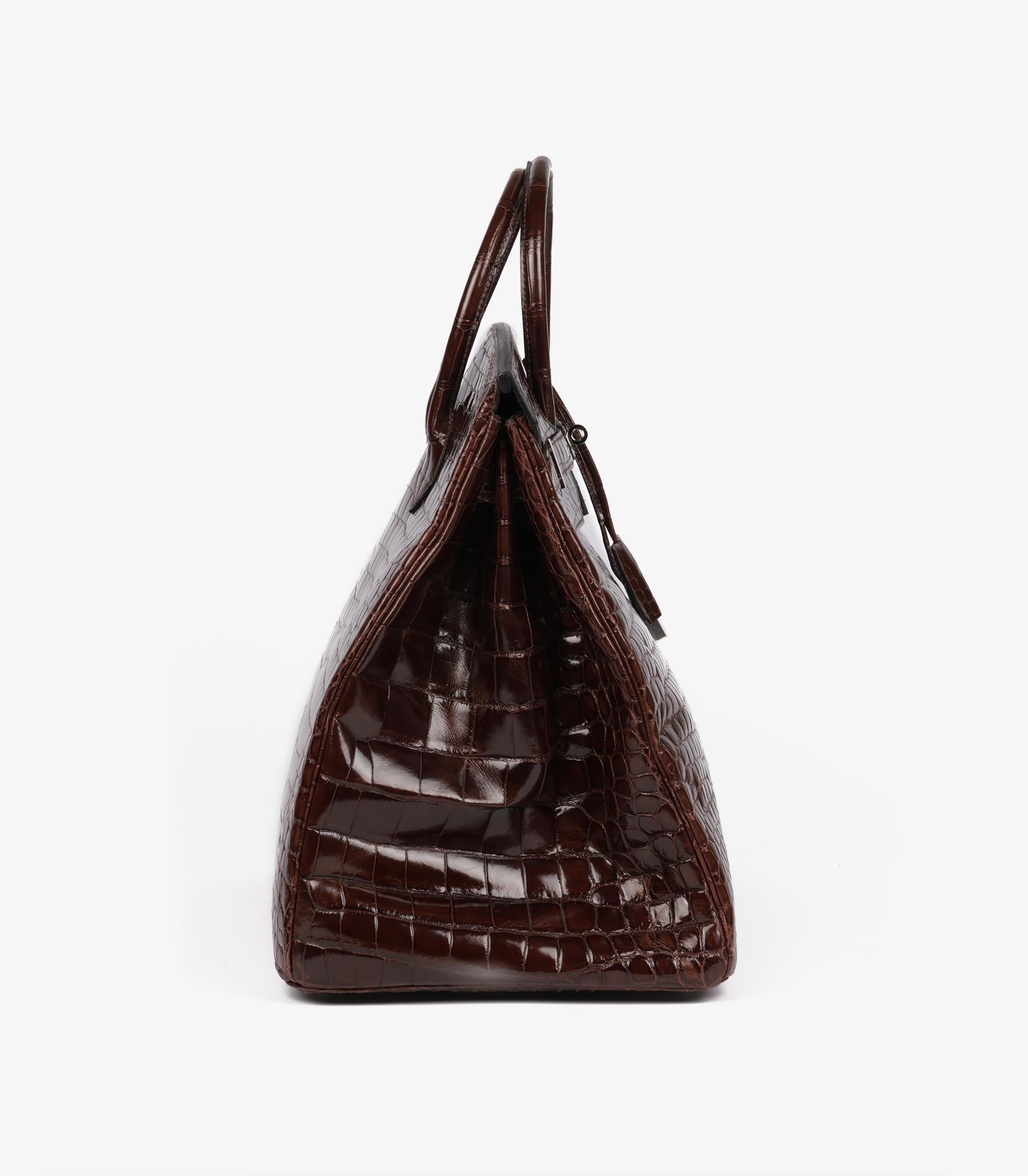Black Hermès Havane Shiny Porosus Crocodile Leather Birkin 50cm Retourne For Sale