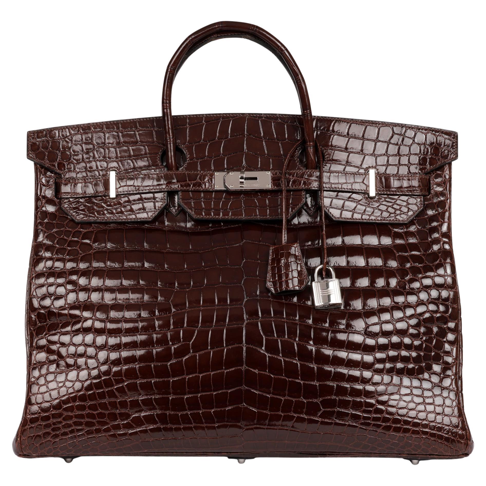 Hermès Havane Shiny Porosus Crocodile Leather Birkin 50cm Retourne For Sale
