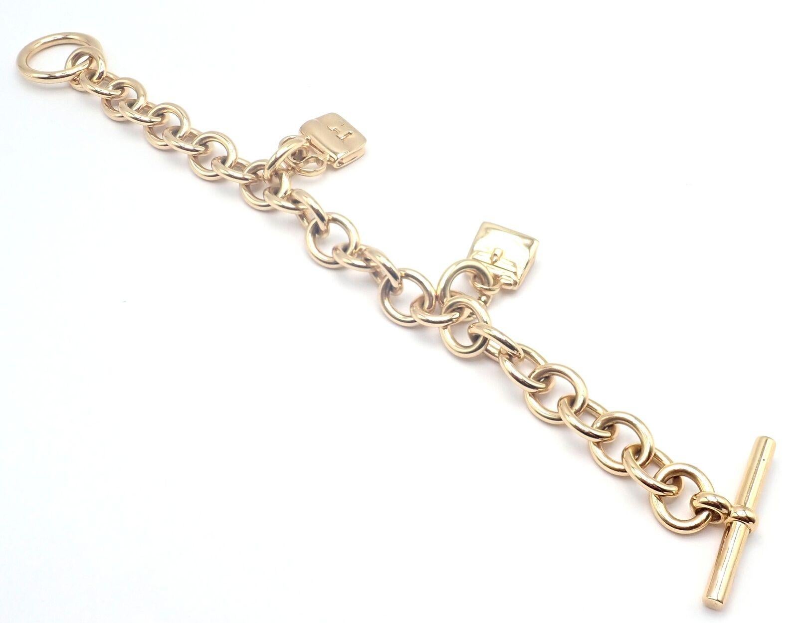 Hermes Heavy Link Toggle With Two Hanging Bag Charms Yellow Gold Bracelet For Sale 4