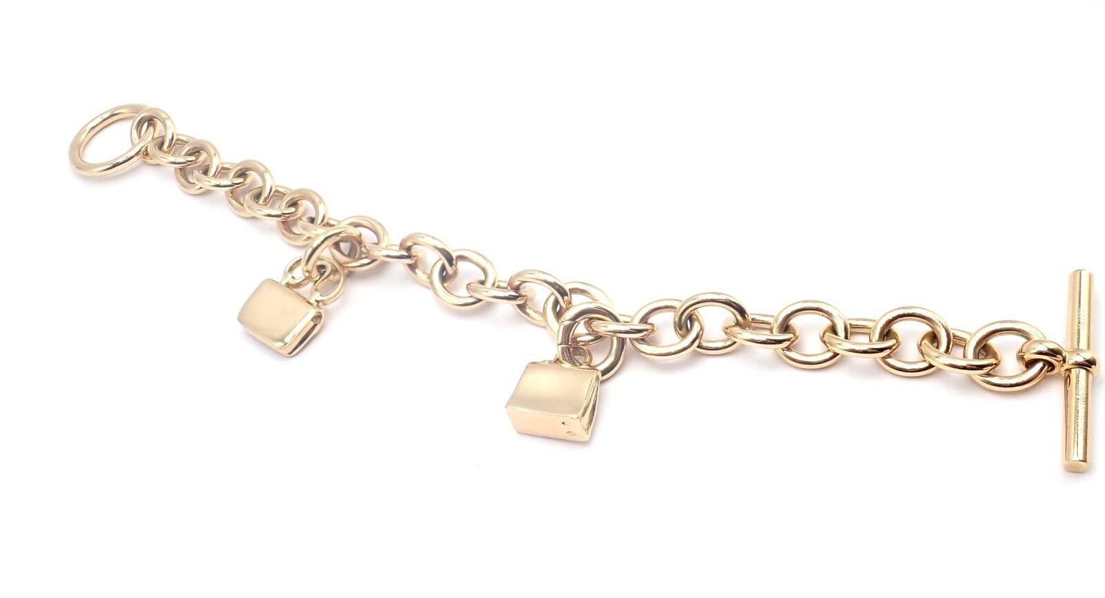 Hermes Heavy Link Toggle With Two Hanging Bag Charms Yellow Gold Bracelet For Sale 5