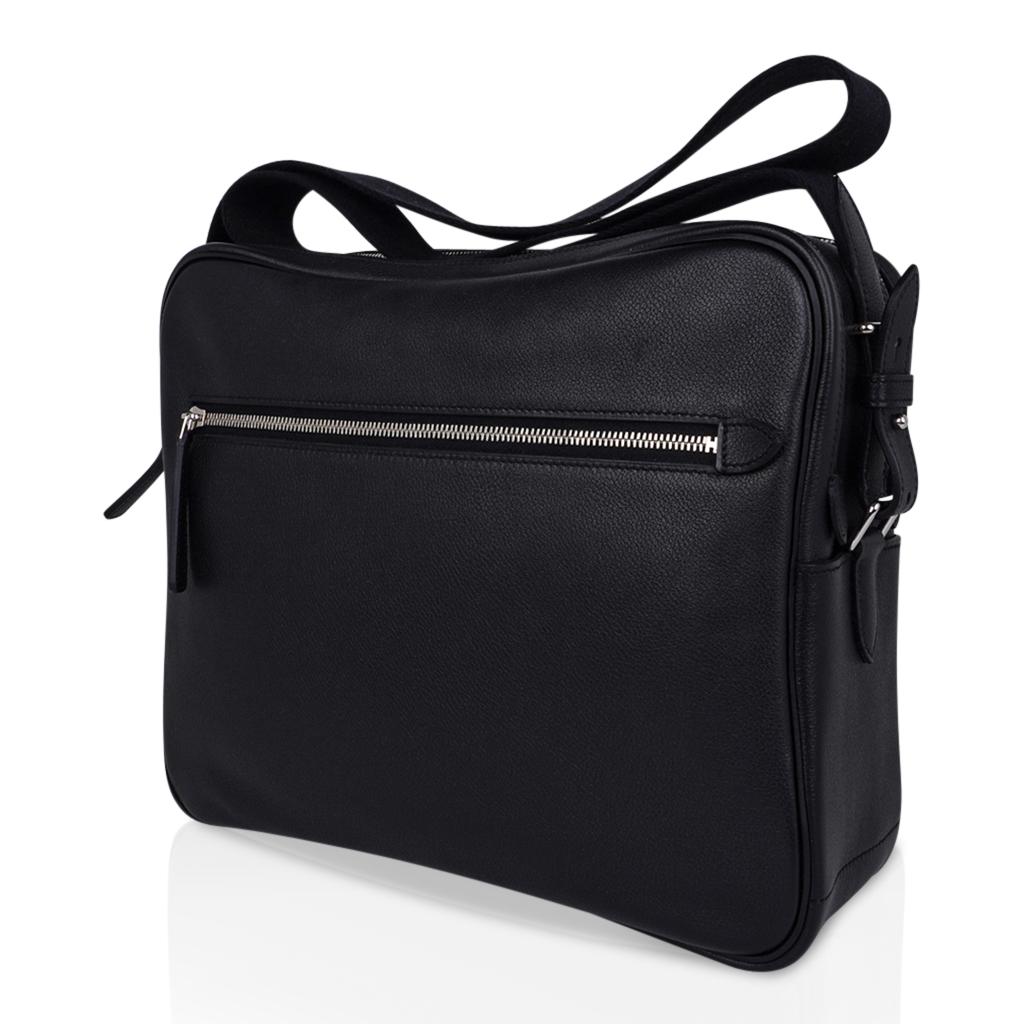 Men's Hermes Hebdo Reporter Messenger Bag Black Evergrain Palladium New For Sale