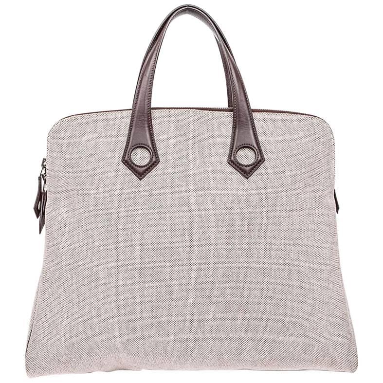 HERMES 'Heeboo' Vintage Bag in Beige H Fabric and Brown Leather