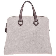 HERMES 'Heeboo' Vintage Bag in Beige H Fabric and Brown Leather