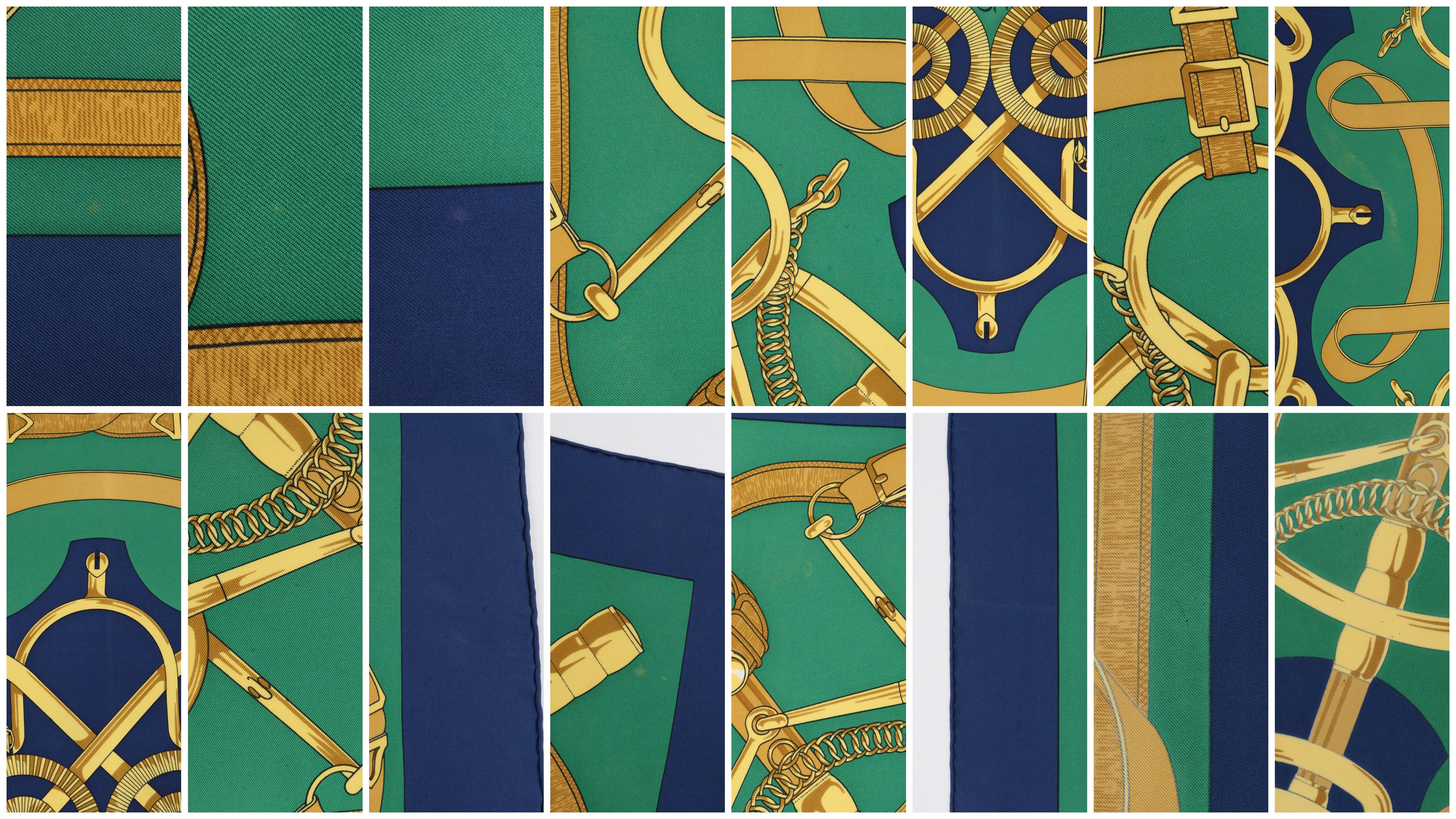 Women's HERMES Henri d’Origny “Eperon D’or” Green Blue Gold Equestrian Large Silk Scarf