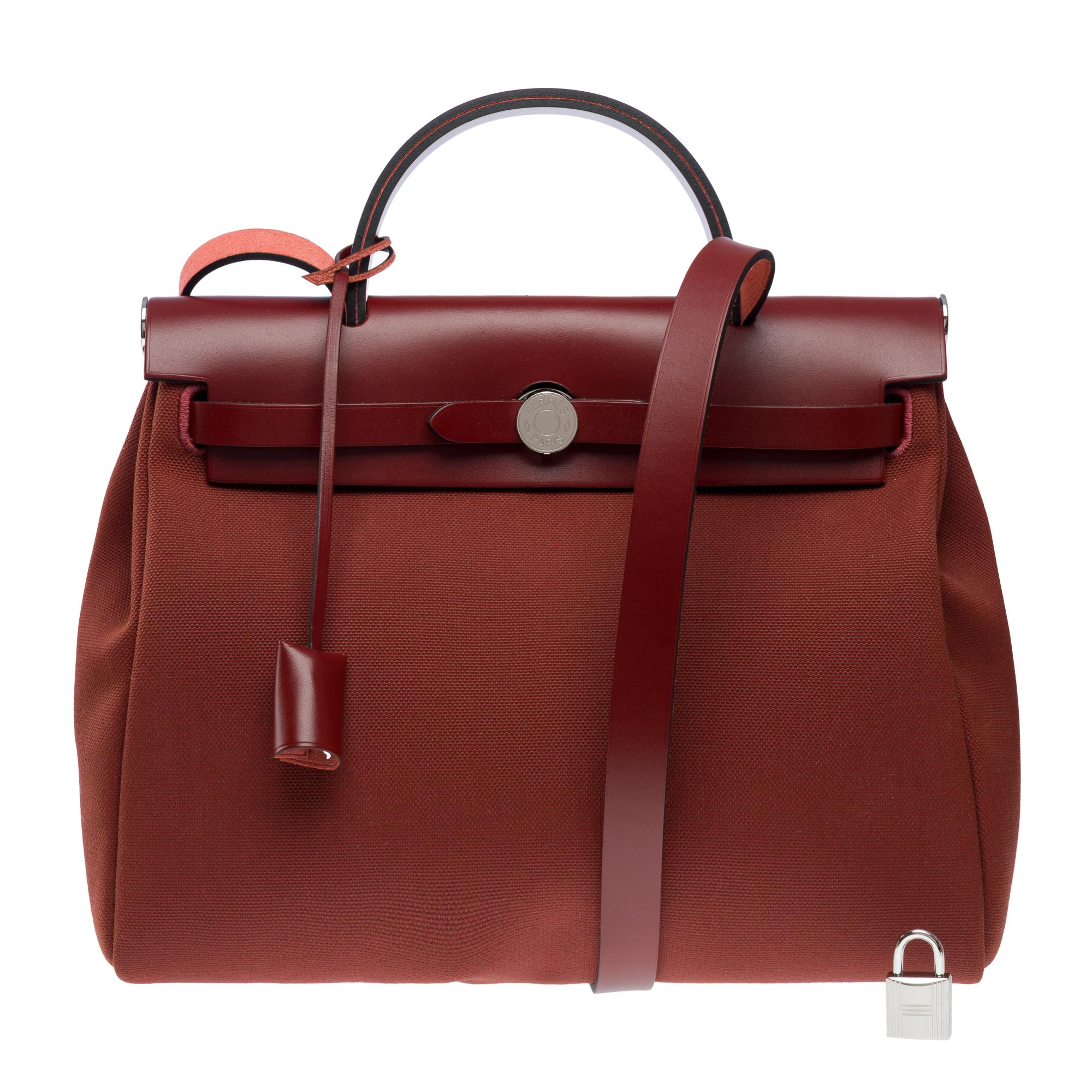 Red Hermès Herbag 31 handbag strap in Rouge H officer canvas and leather, PHW For Sale