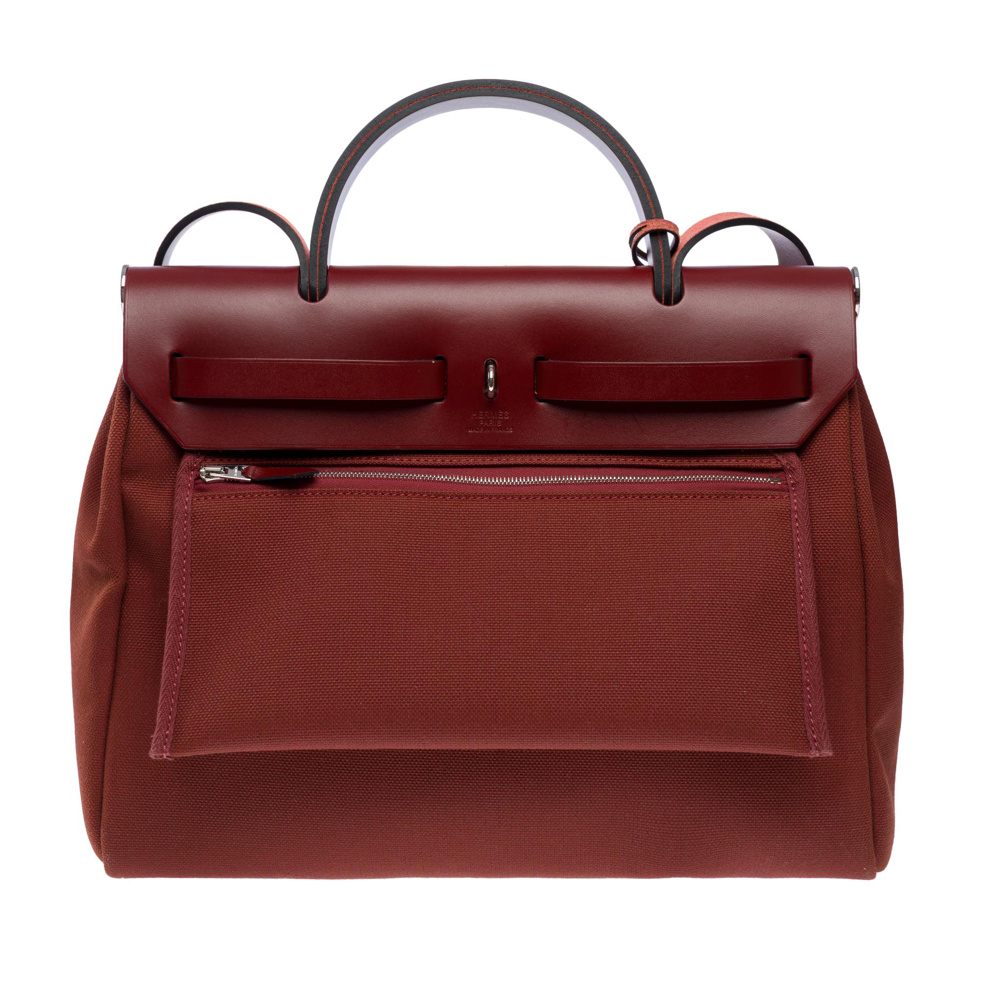 Hermès Herbag 31 handbag strap in Rouge H officer canvas and leather, PHW In Excellent Condition For Sale In Paris, IDF