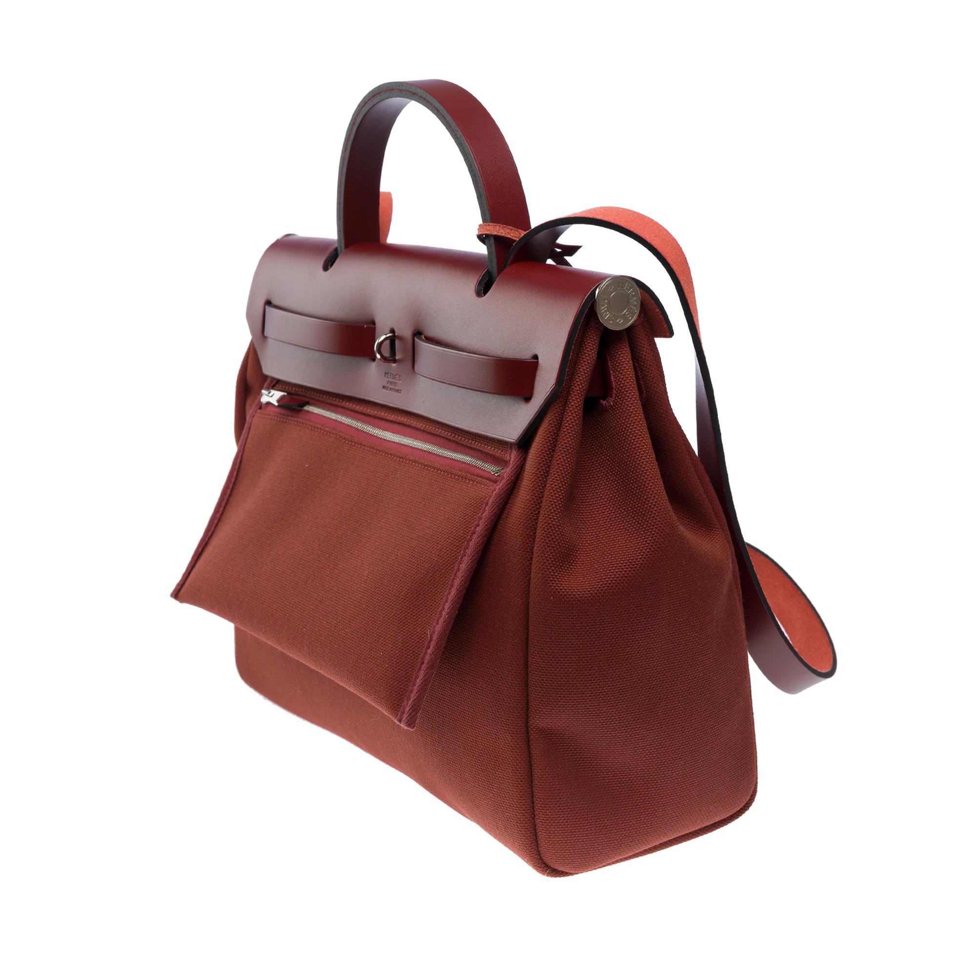 Hermès Herbag 31 handbag strap in Rouge H officer canvas and leather, PHW For Sale 1