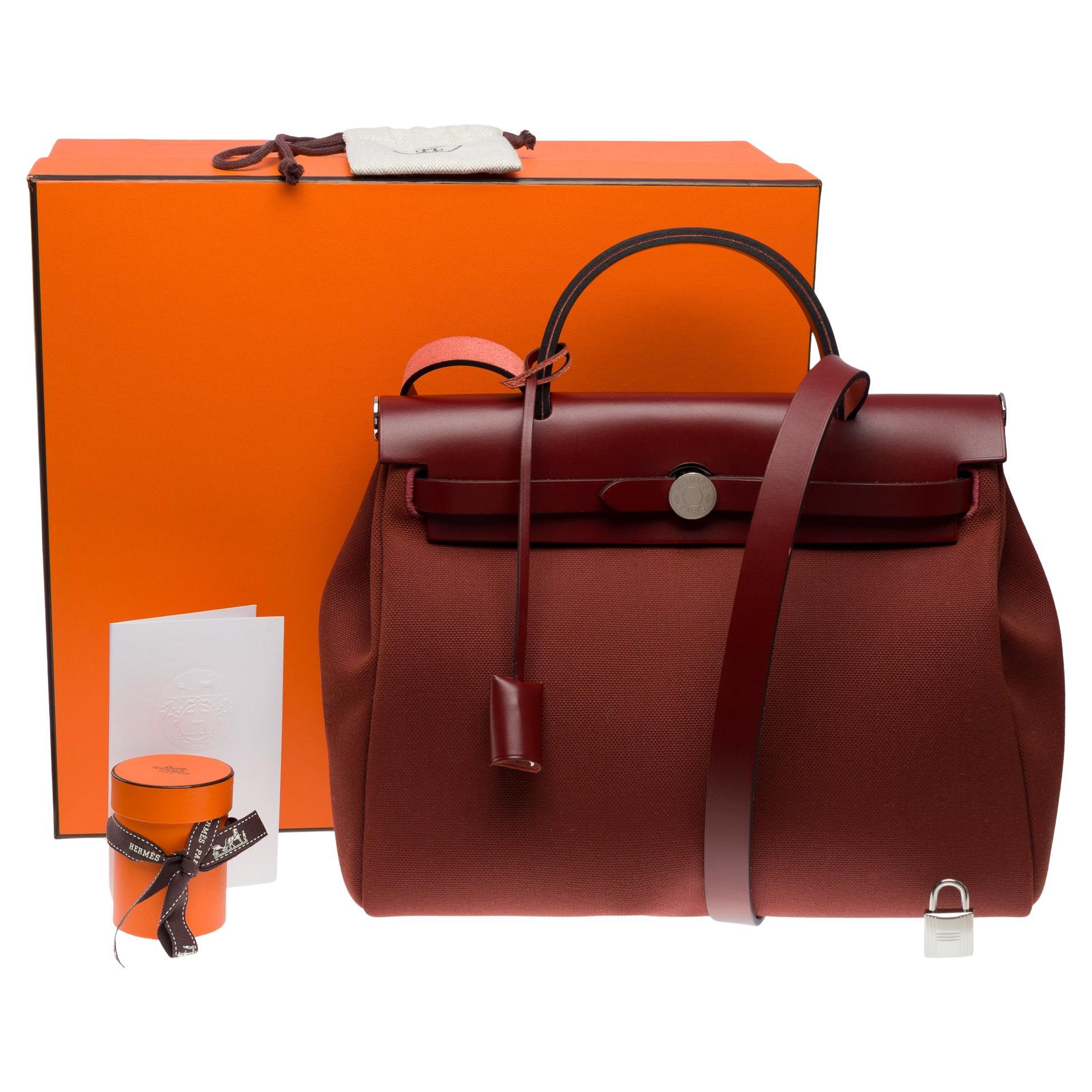 Hermès Herbag 31 handbag strap in Rouge H officer canvas and leather, PHW For Sale