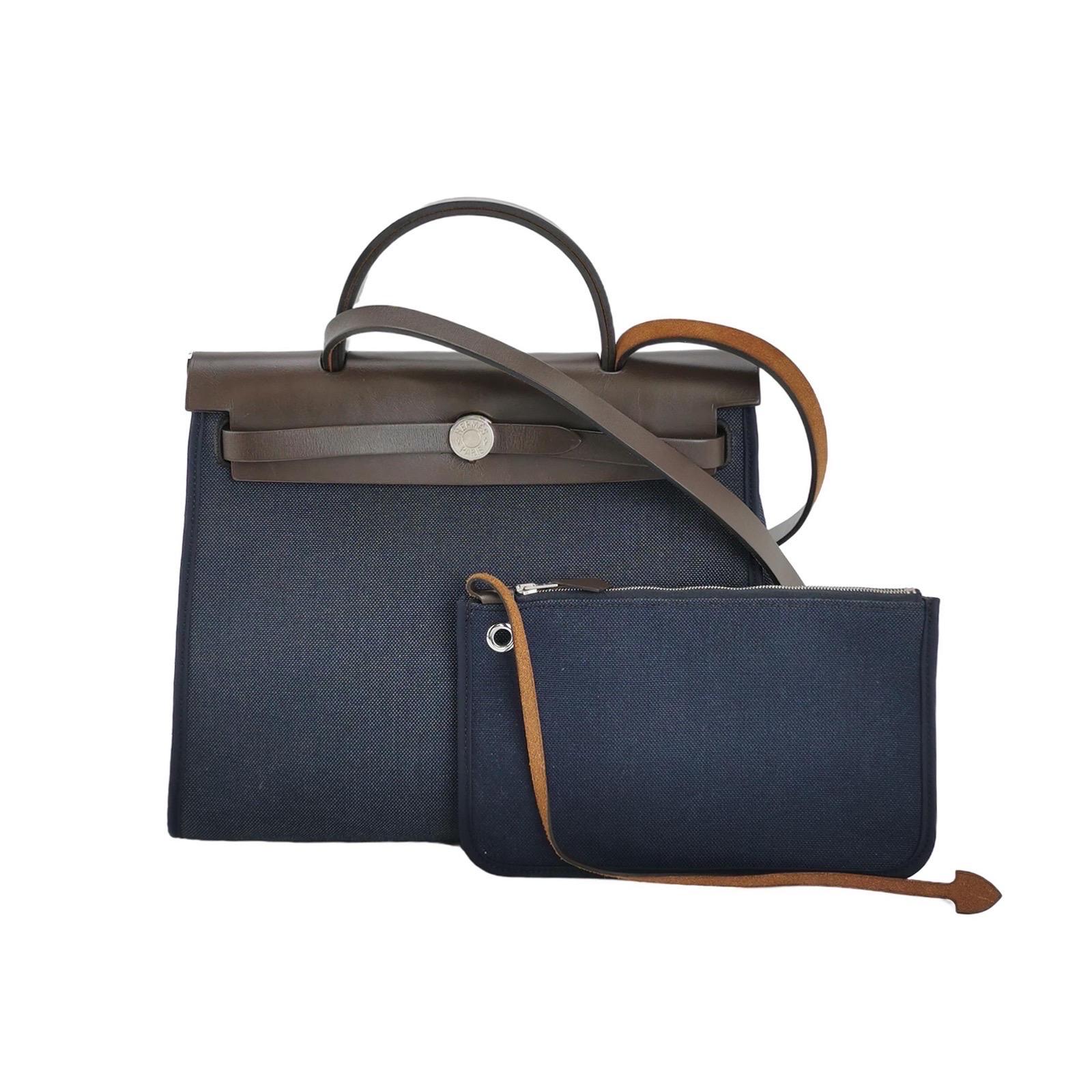 Hermes Herbag 31 Borsa a tracolla in pelle marrone canvas navy in vendita