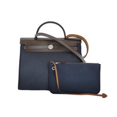 Hermes Herbag 31 Navy Canvas Brown Leather Crossbody Bag