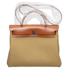 Hermes Herbag 31cm Fauve & Poussiere Vache Hunter e Toile Palladium Hardware