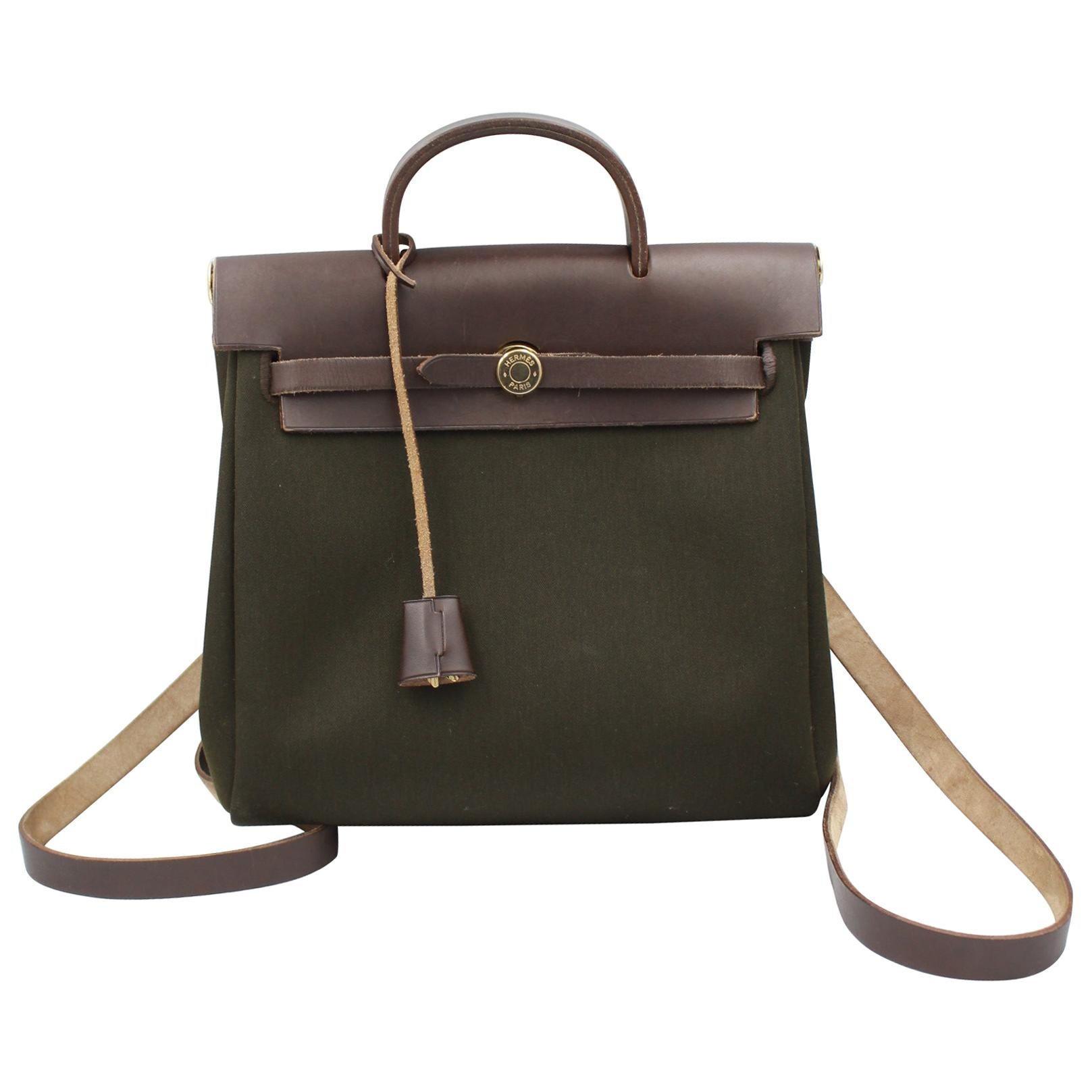 Hermes Herbag Backpack in Dark Brown Leather and Green Canvas