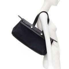 HERMES Herbag Cabas MM black toile vache hunter leather long tote bag