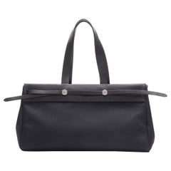 HERMES Herbag Cabas MM black toile vache hunter leather long tote bag