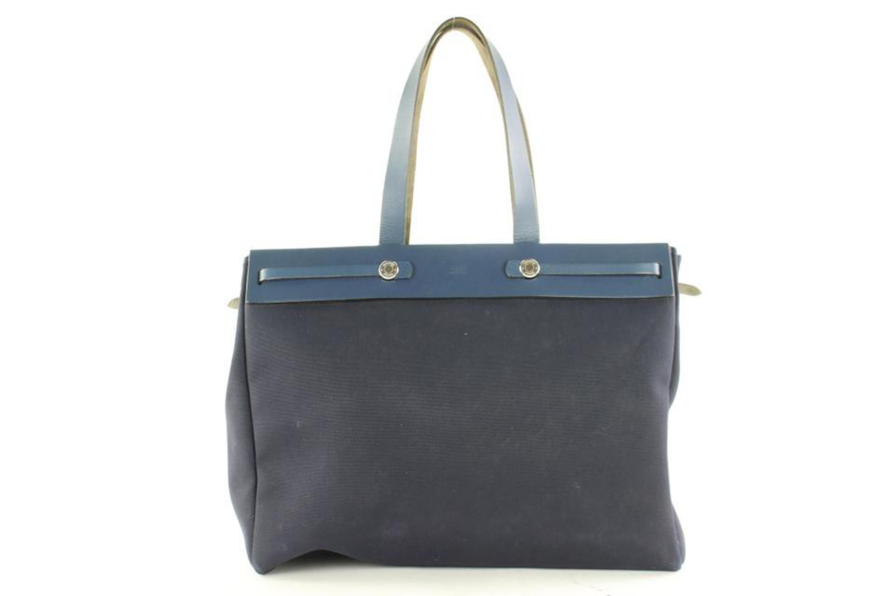 Hermès Herbag Cabas Navy Toile Gm 40cm 2-in-1 7hz0904 Blue Canvas Tote  In Good Condition For Sale In Forest Hills, NY
