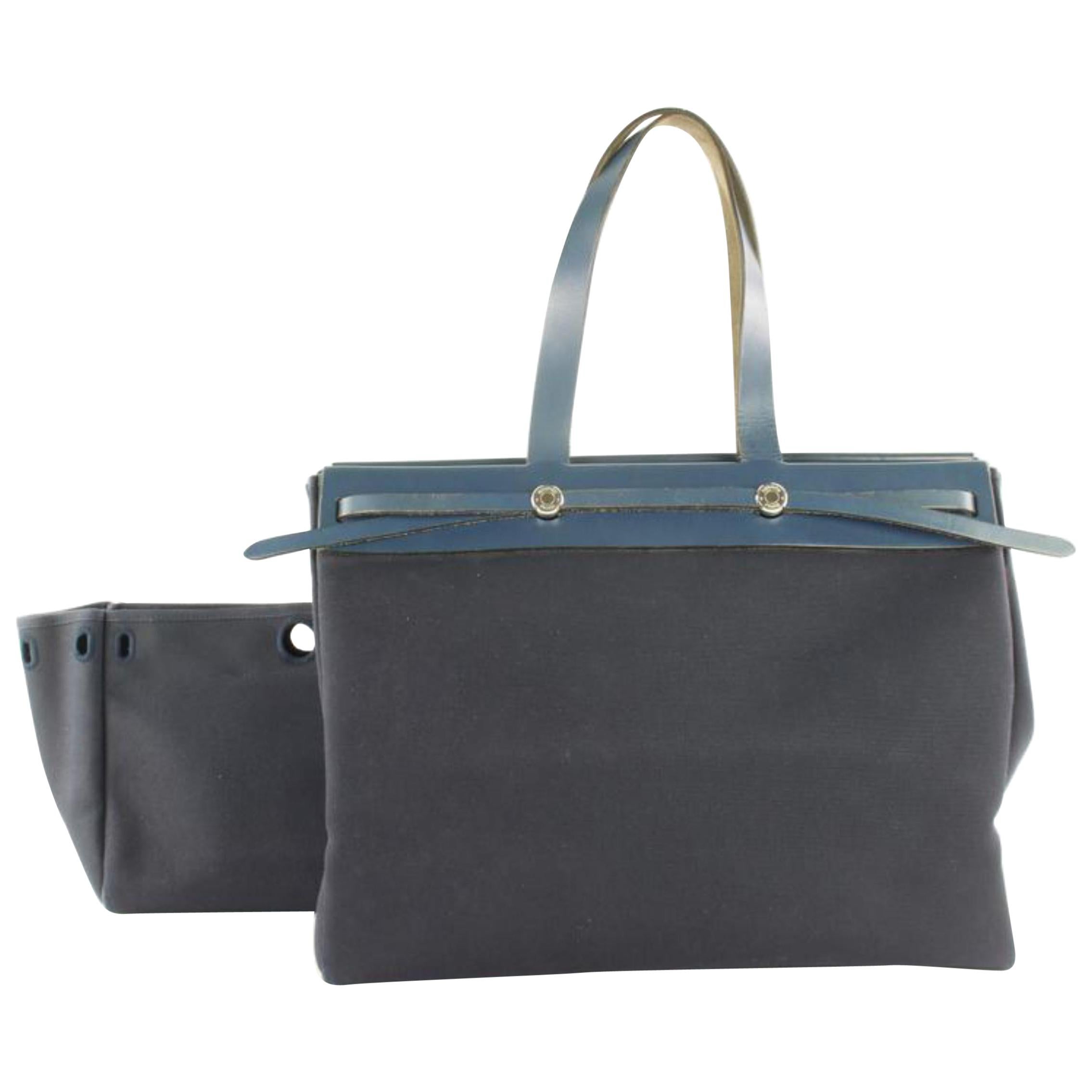 Hermès Herbag Cabas Navy Toile Gm 40cm 2-in-1 7hz0904 Blue Canvas Tote  For Sale