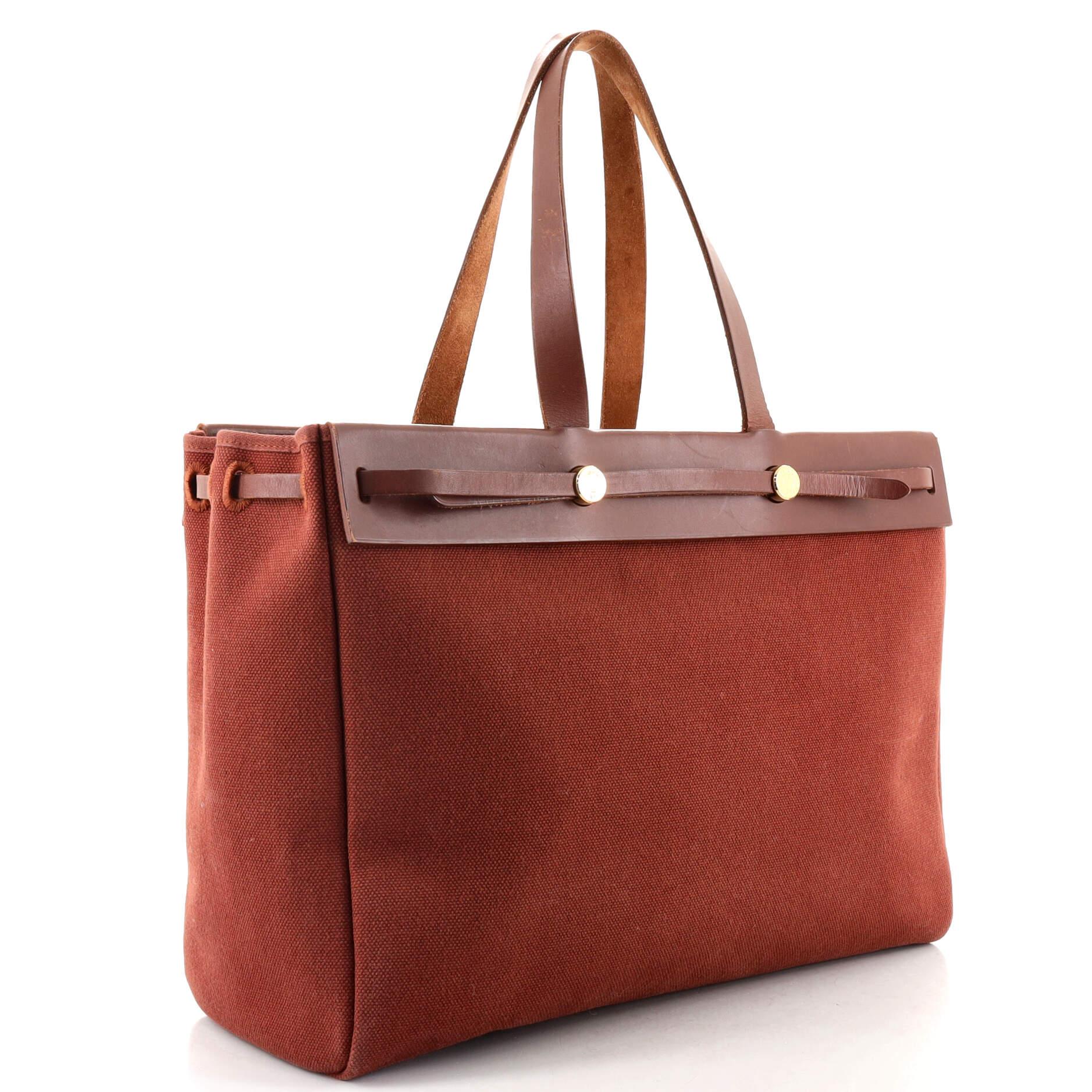 Brown Hermes Herbag Cabas Toile and Leather MM