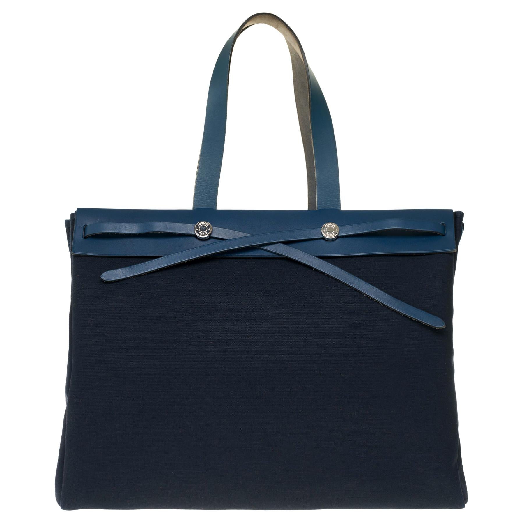 Hermès Herbag GM handbag in navy blue canvas and blue leather