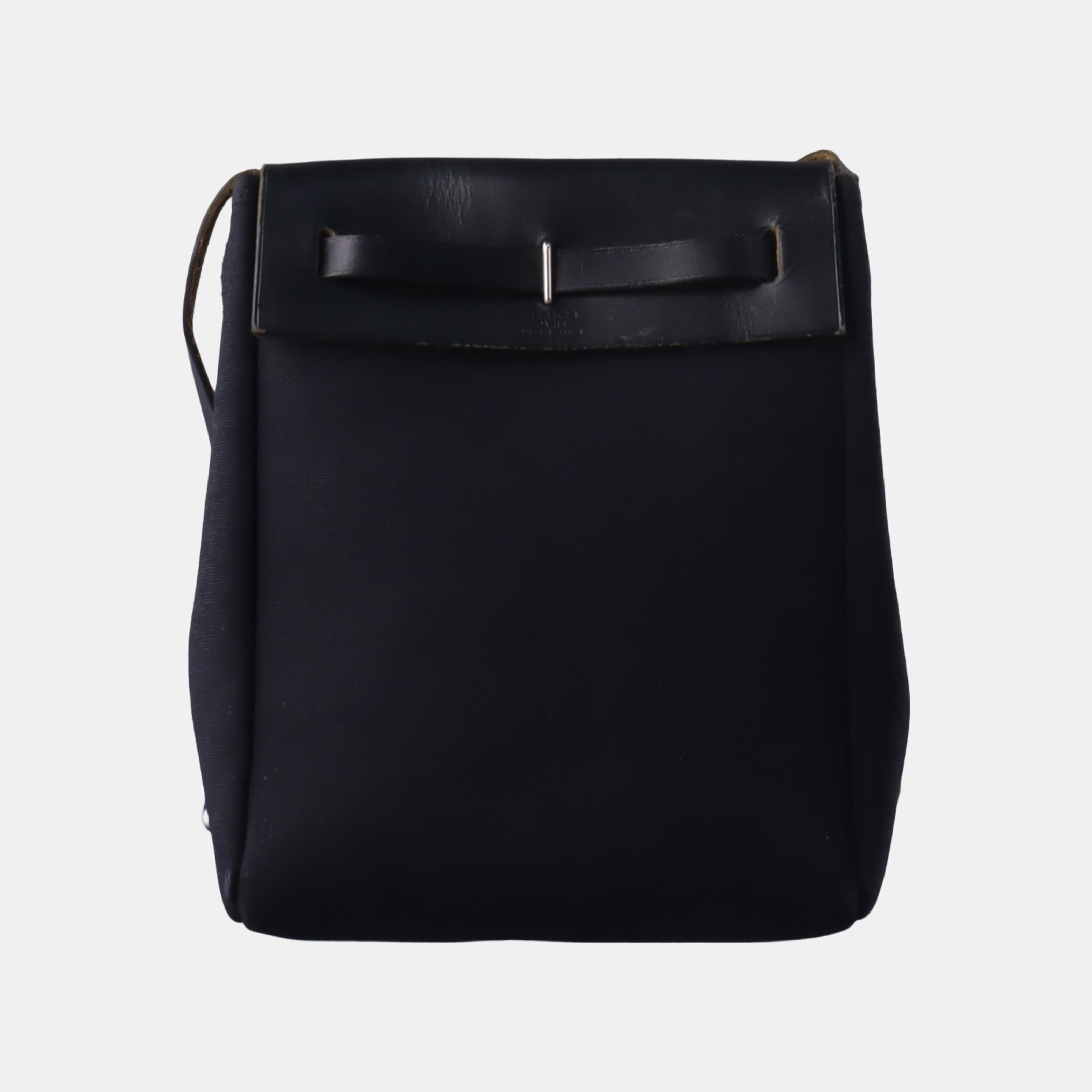 De las mujeres Hermes Herbag Mini Bolso Crossbody de lona negra y herrajes plateados en venta