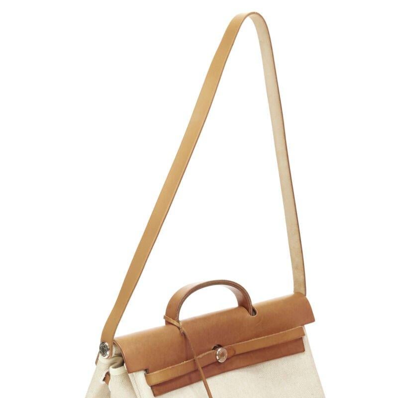 HERMES Herbag MM beige Toile coated canvas brown leather PHW 2-in-1 bag For Sale 5
