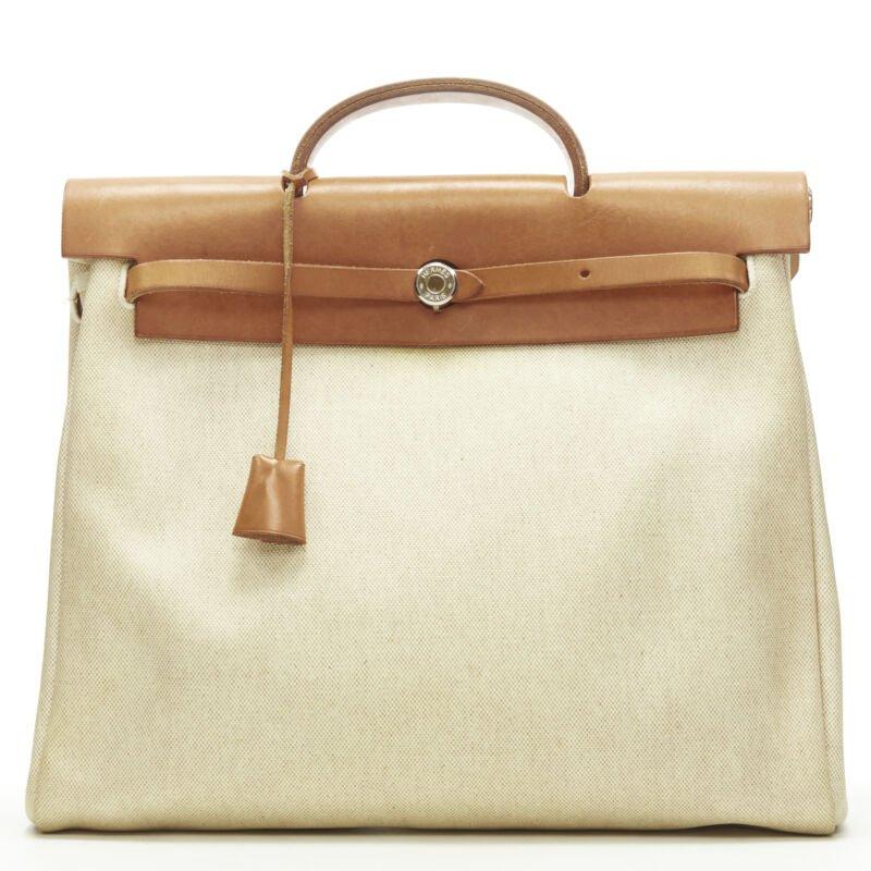 HERMES Herbag MM beige Toile coated canvas brown leather PHW 2-in-1 bag For Sale 6