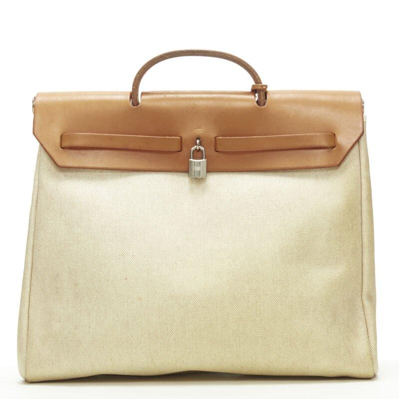 HERMES Herbag MM beige Toile coated canvas brown leather PHW 2-in-1 bag For Sale 7