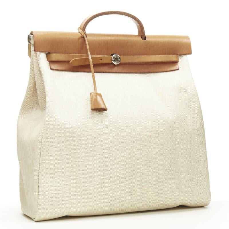 White HERMES Herbag MM beige Toile coated canvas brown leather PHW 2-in-1 bag For Sale