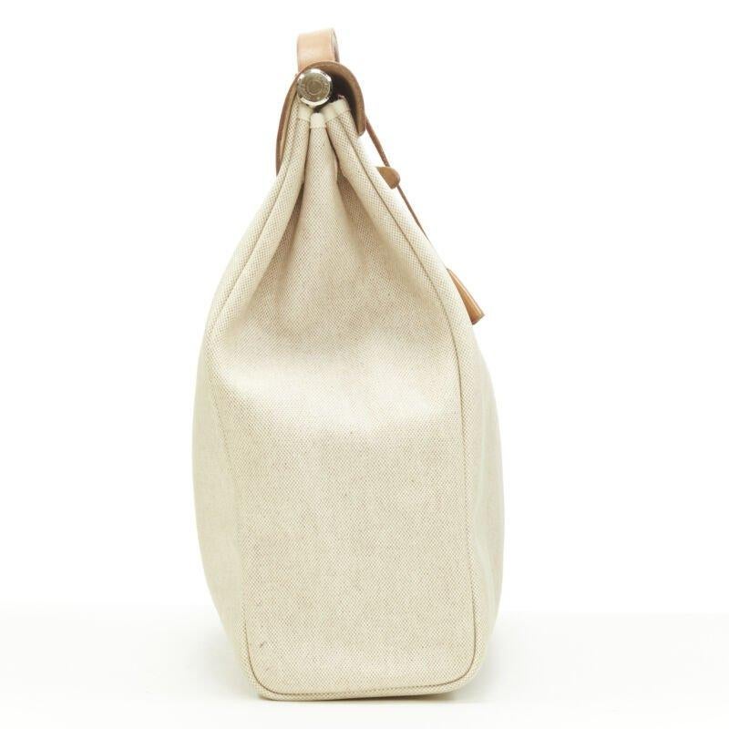HERMES Herbag MM beige Toile coated canvas brown leather PHW 2-in-1 bag In Fair Condition For Sale In Hong Kong, NT
