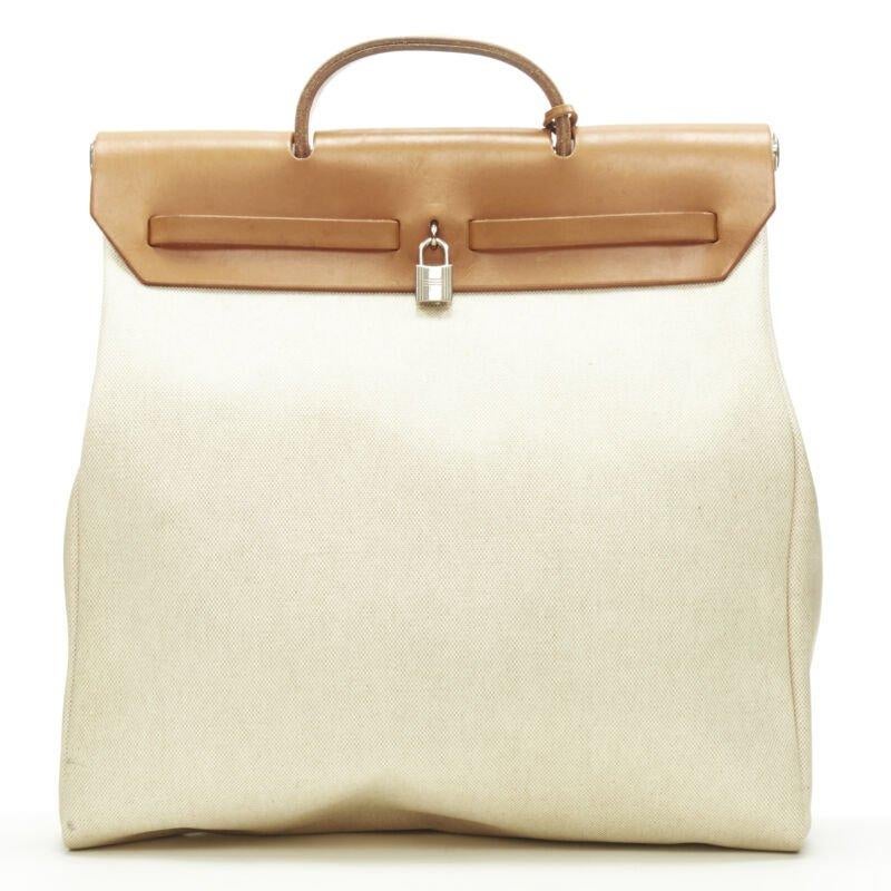 Women's HERMES Herbag MM beige Toile coated canvas brown leather PHW 2-in-1 bag For Sale